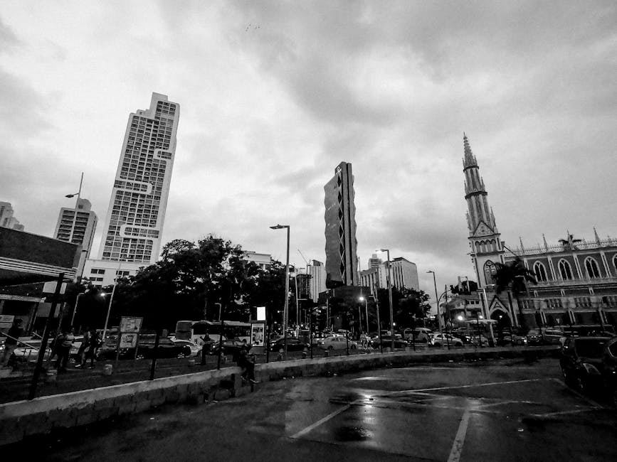 A grayscale cityscape showing modern skyscrapers and bustling traffic in an urban setting.